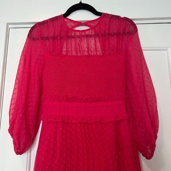 ASOS DESIGN Textured Pleated Shirred Midi Dress Hot Pink size 0 Smocked - Picture 6 of 11